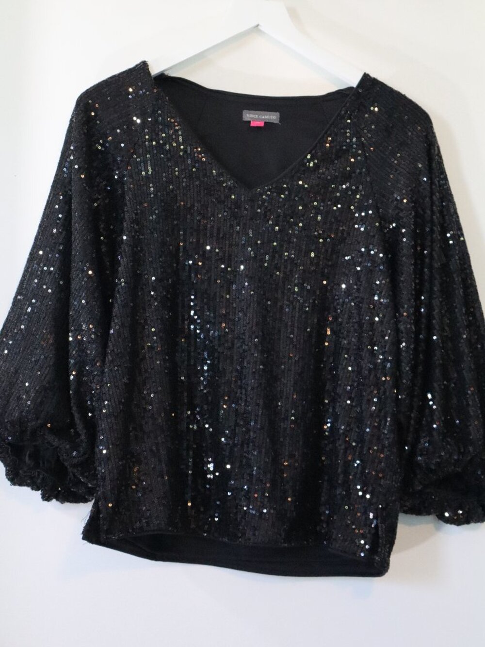 Vince Camuto Sparkly Black Sequin Blouse w/Puff Sleeves & V-Neck Top NWT XS